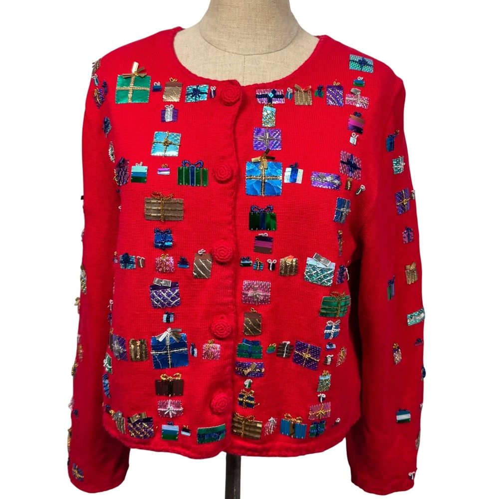 VTG Michael Simon‎ Red Ugly Christmas Cardigan L Sequins Gift Presents Appliques